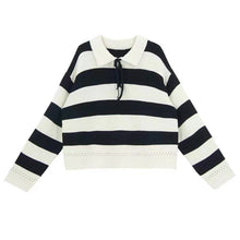 Load image into Gallery viewer, Sweet Lace Up Striped Sweater Women 2021 Autumn New Design Loose Knitted Cropped Tops Female Elegant All-match Pullovers Trendy