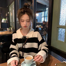 Load image into Gallery viewer, Sweet Lace Up Striped Sweater Women 2021 Autumn New Design Loose Knitted Cropped Tops Female Elegant All-match Pullovers Trendy