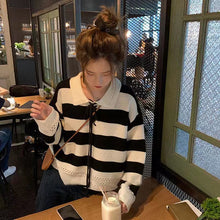 Load image into Gallery viewer, Sweet Lace Up Striped Sweater Women 2021 Autumn New Design Loose Knitted Cropped Tops Female Elegant All-match Pullovers Trendy