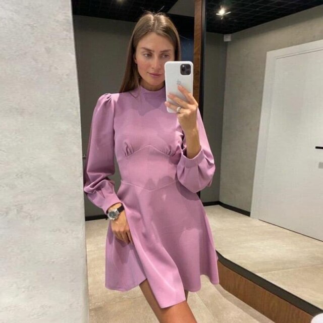 Sweet Lantern Sleeve Mini Dress Women Half High Collar Long Sleeve Dress Ladies Solid A Line Party Dress 2021 Fashion Autumn New