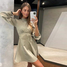 Load image into Gallery viewer, Sweet Lantern Sleeve Mini Dress Women Half High Collar Long Sleeve Dress Ladies Solid A Line Party Dress 2021 Fashion Autumn New