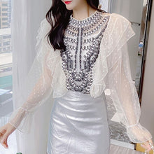 Load image into Gallery viewer, Sweet Patchwork Bowknot Denim Shirts For Women Summer Peter Pan Collar Short Sleeve Slim Casual Blouse Female Fashion New 2021