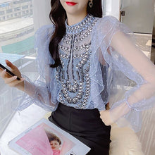 Load image into Gallery viewer, Sweet Patchwork Bowknot Denim Shirts For Women Summer Peter Pan Collar Short Sleeve Slim Casual Blouse Female Fashion New 2021