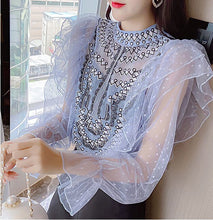 Load image into Gallery viewer, Sweet Patchwork Bowknot Denim Shirts For Women Summer Peter Pan Collar Short Sleeve Slim Casual Blouse Female Fashion New 2021