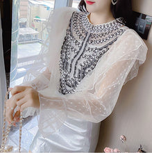 Load image into Gallery viewer, Sweet Patchwork Bowknot Denim Shirts For Women Summer Peter Pan Collar Short Sleeve Slim Casual Blouse Female Fashion New 2021