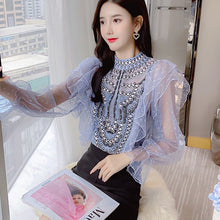 Load image into Gallery viewer, Sweet Patchwork Bowknot Denim Shirts For Women Summer Peter Pan Collar Short Sleeve Slim Casual Blouse Female Fashion New 2021