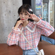 Load image into Gallery viewer, Sweet Peter Pan Collar Blouses Women 2022 New Single Breasted Mori Girls Tops Spring Fresh Cute Retro Plaid Shirts Kawaii