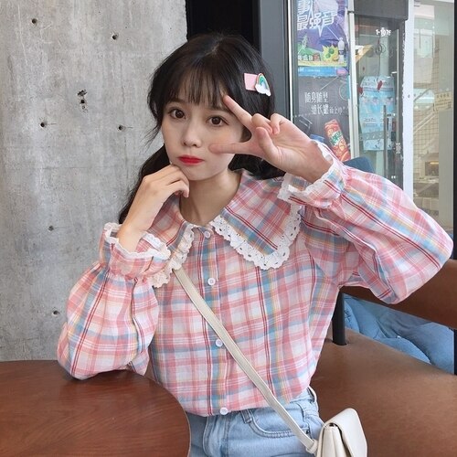 Sweet Peter Pan Collar Blouses Women 2022 New Single Breasted Mori Girls Tops Spring Fresh Cute Retro Plaid Shirts Kawaii