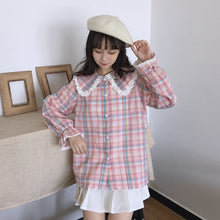 Load image into Gallery viewer, Sweet Peter Pan Collar Blouses Women 2022 New Single Breasted Mori Girls Tops Spring Fresh Cute Retro Plaid Shirts Kawaii
