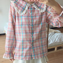 Load image into Gallery viewer, Sweet Peter Pan Collar Blouses Women 2022 New Single Breasted Mori Girls Tops Spring Fresh Cute Retro Plaid Shirts Kawaii