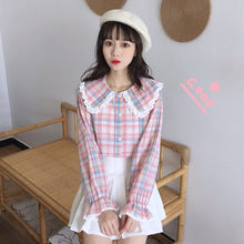 Load image into Gallery viewer, Sweet Peter Pan Collar Blouses Women 2022 New Single Breasted Mori Girls Tops Spring Fresh Cute Retro Plaid Shirts Kawaii