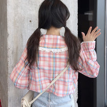 Load image into Gallery viewer, Sweet Peter Pan Collar Blouses Women 2022 New Single Breasted Mori Girls Tops Spring Fresh Cute Retro Plaid Shirts Kawaii