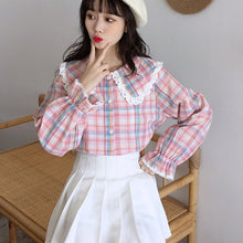 Load image into Gallery viewer, Sweet Peter Pan Collar Blouses Women 2022 New Single Breasted Mori Girls Tops Spring Fresh Cute Retro Plaid Shirts Kawaii