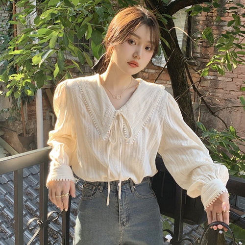 Sweet Peter Pan Collar Woman Shirt Spring Autumn Loose Casual Vintage Korean Style Women Blosue Elegant Office Lady Blusas Mujer