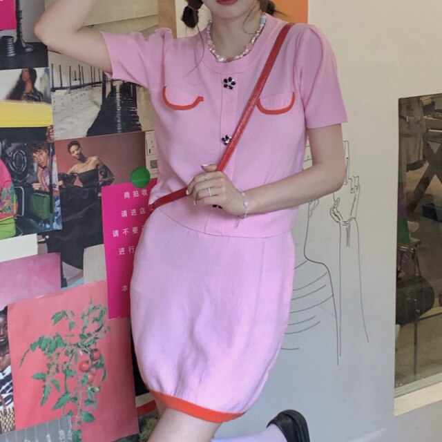 Sweet Pink Knitted Two Piece Sets Women Fashion O-neck Knit Tops + Elastic Waist Skirt Korean Style Ensembles Femme Skirts Suits