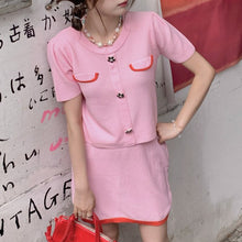 Load image into Gallery viewer, Sweet Pink Knitted Two Piece Sets Women Fashion O-neck Knit Tops + Elastic Waist Skirt Korean Style Ensembles Femme Skirts Suits