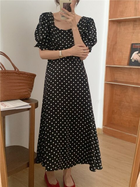 Sweet Polka Dot Short-sleeve Women Dress Square Neck Elegant Slim Waist Chiffon Femme Robe Simple A Line Party Runway Vestidos