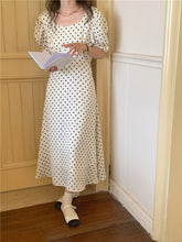 Load image into Gallery viewer, Sweet Polka Dot Short-sleeve Women Dress Square Neck Elegant Slim Waist Chiffon Femme Robe Simple A Line Party Runway Vestidos