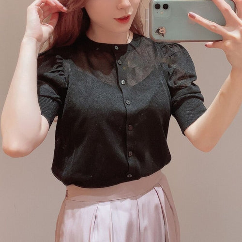 Sweet Puff Sleeve Japan Style Knitted Cardigan O-neck Single Breasted Slim Women Tops 2022 Chic Elegant Ol Cardgians with Camis