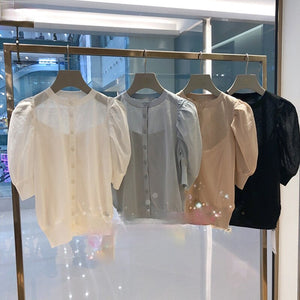 Sweet Puff Sleeve Japan Style Knitted Cardigan O-neck Single Breasted Slim Women Tops 2022 Chic Elegant Ol Cardgians with Camis