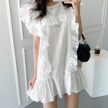 Load image into Gallery viewer, Sweet Ruffles Stitching O Neck Dress Women Design Flying Sleeves Elegant Feminino Office Lady Dress Simple White Mini Vestidos