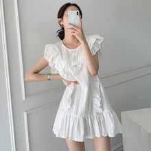 Load image into Gallery viewer, Sweet Ruffles Stitching O Neck Dress Women Design Flying Sleeves Elegant Feminino Office Lady Dress Simple White Mini Vestidos