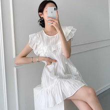 Load image into Gallery viewer, Sweet Ruffles Stitching O Neck Dress Women Design Flying Sleeves Elegant Feminino Office Lady Dress Simple White Mini Vestidos