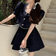 Load image into Gallery viewer, Sweet Skirt Suits Small Fragrant Pattern Jacquard Pearl Decoration Top + Elastic Waist Skirt Female Korean Fashion Two-piece Set