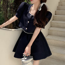 Load image into Gallery viewer, Sweet Skirt Suits Small Fragrant Pattern Jacquard Pearl Decoration Top + Elastic Waist Skirt Female Korean Fashion Two-piece Set