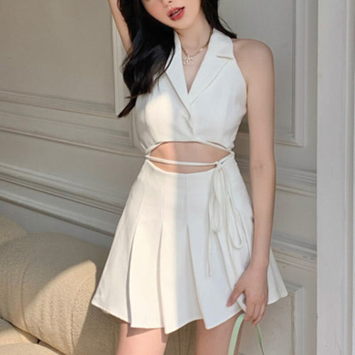 Sweet Skirts Suits Female Fashion Sexy Sleeveless Vest Top + High Waist Pleated Skirt Two Piece Sets Ensembles Femme 2021 Summer