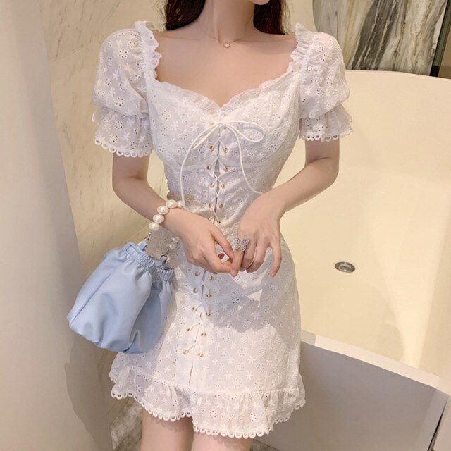 Sweet Summer Dresses 2021 French Vintage Embroidery Dress Sexy Off Shoulder Jacquard Embroidered Waist Slimming Lace Up Vestidos