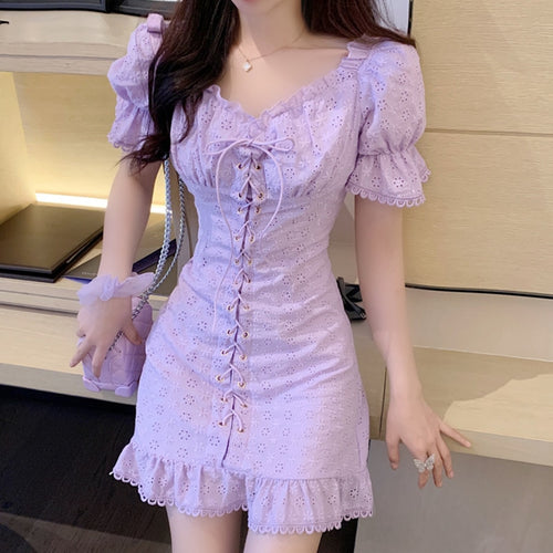 Sweet Summer Dresses 2021 French Vintage Embroidery Dress Sexy Off Shoulder Jacquard Embroidered Waist Slimming Lace Up Vestidos