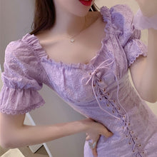 Load image into Gallery viewer, Sweet Summer Dresses 2021 French Vintage Embroidery Dress Sexy Off Shoulder Jacquard Embroidered Waist Slimming Lace Up Vestidos