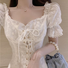Load image into Gallery viewer, Sweet Summer Dresses 2021 French Vintage Embroidery Dress Sexy Off Shoulder Jacquard Embroidered Waist Slimming Lace Up Vestidos