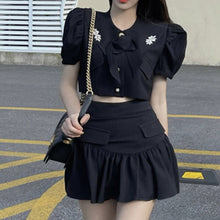 Load image into Gallery viewer, Sweet Two Piece Sets Women French Bow Single Breasted Top + All-match Pleated Skirt Suits Ensembles Femme Conjuntos De Vestido