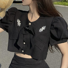 Load image into Gallery viewer, Sweet Two Piece Sets Women French Bow Single Breasted Top + All-match Pleated Skirt Suits Ensembles Femme Conjuntos De Vestido