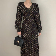 Load image into Gallery viewer, Sweet V-neck Floral Printing Dress Women Bandage Waist Slim Lantern Sleeve Chiffon Pleated Dress Vestidos Elegant Korean Robe