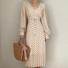 Load image into Gallery viewer, Sweet V-neck Floral Printing Dress Women Bandage Waist Slim Lantern Sleeve Chiffon Pleated Dress Vestidos Elegant Korean Robe