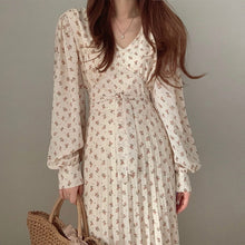 Load image into Gallery viewer, Sweet V-neck Floral Printing Dress Women Bandage Waist Slim Lantern Sleeve Chiffon Pleated Dress Vestidos Elegant Korean Robe