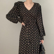 Load image into Gallery viewer, Sweet V-neck Floral Printing Dress Women Bandage Waist Slim Lantern Sleeve Chiffon Pleated Dress Vestidos Elegant Korean Robe