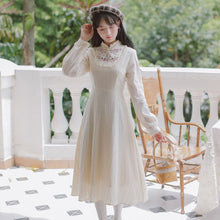 Load image into Gallery viewer, Sweet Vintage Dresses Autumn Fairy Vestidos 2021 Lotus Leaf Splicing Stand Collar Embroidery Dress Feminas Gentle Apricot Dress