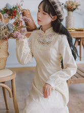 Load image into Gallery viewer, Sweet Vintage Dresses Autumn Fairy Vestidos 2021 Lotus Leaf Splicing Stand Collar Embroidery Dress Feminas Gentle Apricot Dress