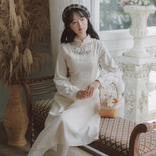 Load image into Gallery viewer, Sweet Vintage Dresses Autumn Fairy Vestidos 2021 Lotus Leaf Splicing Stand Collar Embroidery Dress Feminas Gentle Apricot Dress