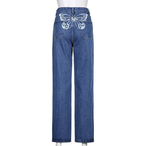 Sweetown Gradient E Girl Baggy Mom Jeans Women Vintage Print Wide Leg Denim Trousers 90s Aesthetic Korean Low Waist Cargo Pants