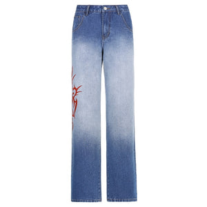 Sweetown Gradient E Girl Baggy Mom Jeans Women Vintage Print Wide Leg Denim Trousers 90s Aesthetic Korean Low Waist Cargo Pants