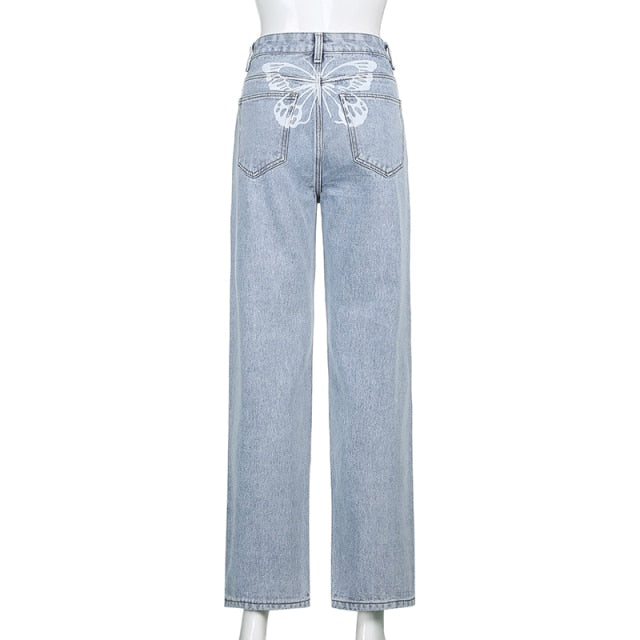 Sweetown Gradient E Girl Baggy Mom Jeans Women Vintage Print Wide Leg Denim Trousers 90s Aesthetic Korean Low Waist Cargo Pants