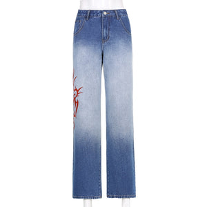 Sweetown Gradient E Girl Baggy Mom Jeans Women Vintage Print Wide Leg Denim Trousers 90s Aesthetic Korean Low Waist Cargo Pants
