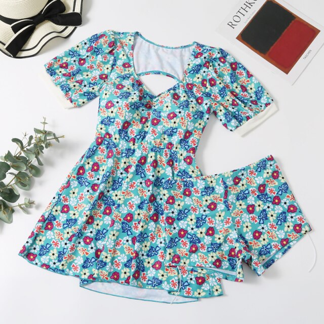 Swimdress Swimsuit for Women Swimwear with Shorts Green Blue Lovely Bandage Bathing Suits Woman 2021 Plus Size Swim Wear M-5XL