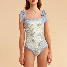 Load image into Gallery viewer, Swimwear 2022 Blue Strap Swimsuits Square Neck Double Sided Print Bikini High Waist One Piece Vintage Elegant Stylish