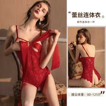 Load image into Gallery viewer, Sxey Lingerie Temptation Lace See-through Jumpsuit  Bow Uniform Suit Ignite Passion Lingerie Bodysuit Open Crotch Lace Bodysuit